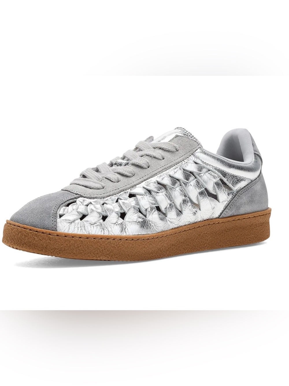 AllSaints Silver Woven Leather Sneakers with Grey Suede Trim